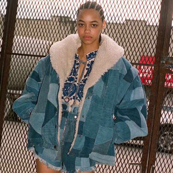 NWT Sea Newyork Diego Patchwork Denim Faux Shearling Coat Size XS - Picture 3 of 13